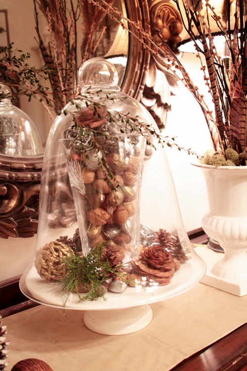 glass cloche with acorns and greenery for Christmas