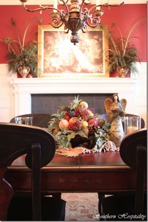 red dining room fireplace