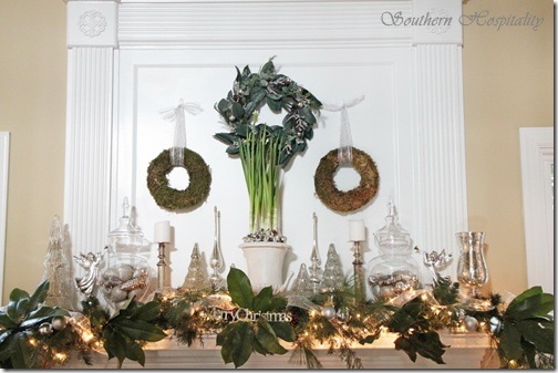 full mantel with 3 wreaths