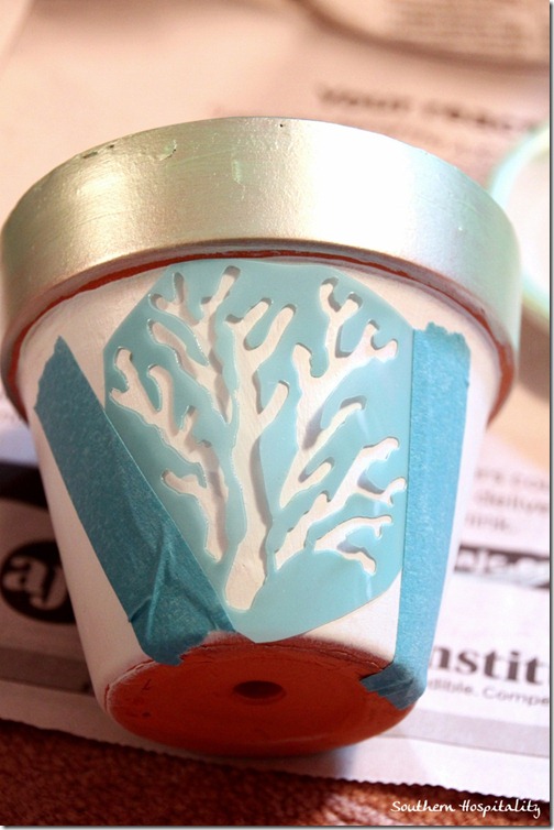 Coral stencil clay pot