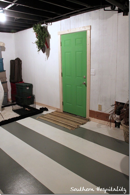 long shot laundry room green door