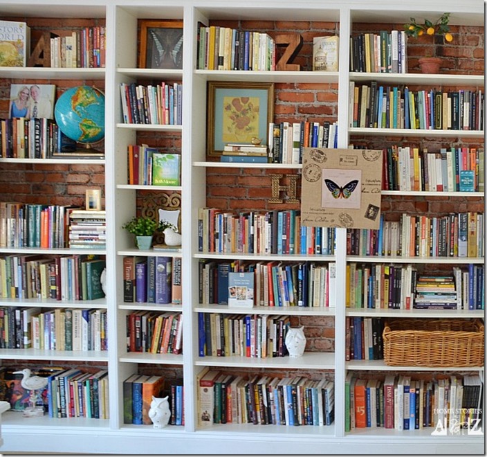 kitchen with wallpaper behind shelves  Bookcase makeover Floating shelves  kitchen Kitchen wallpaper