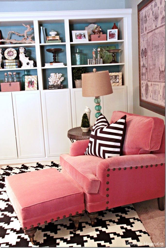 coral Ballard designs chair and bookcases