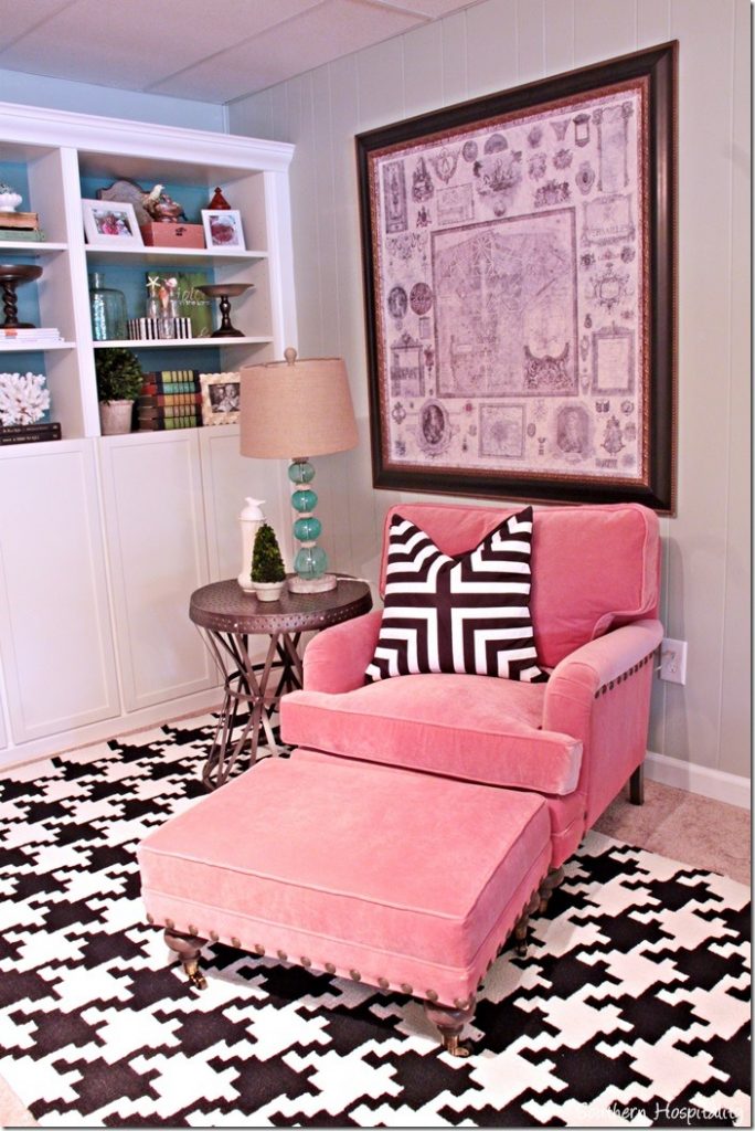 coral chair black and white rug