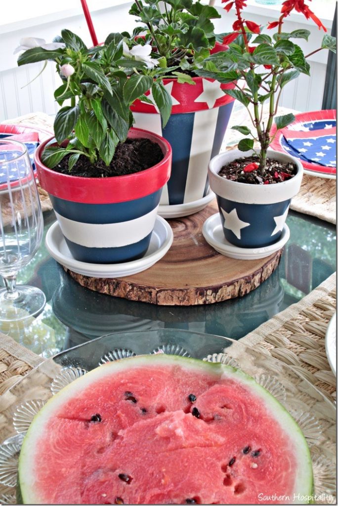 painted pots red white and blue