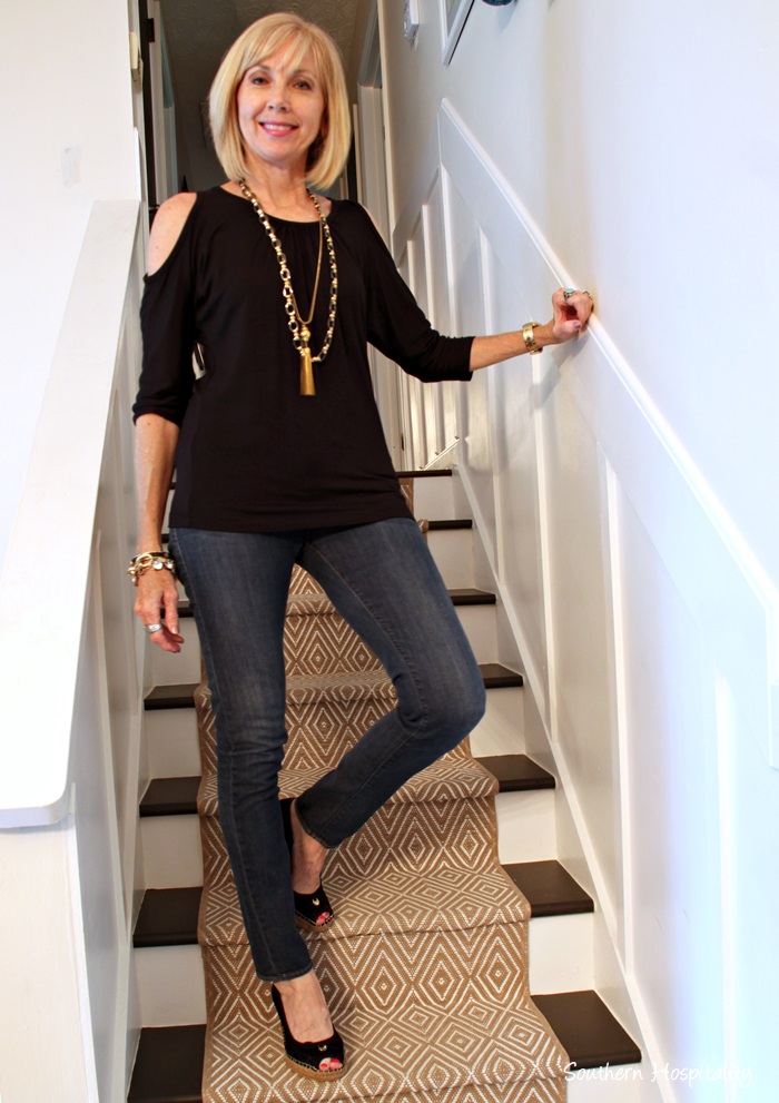 Fashion Over 50 Black And White Southern Hospitality   Black Top And Jeans 