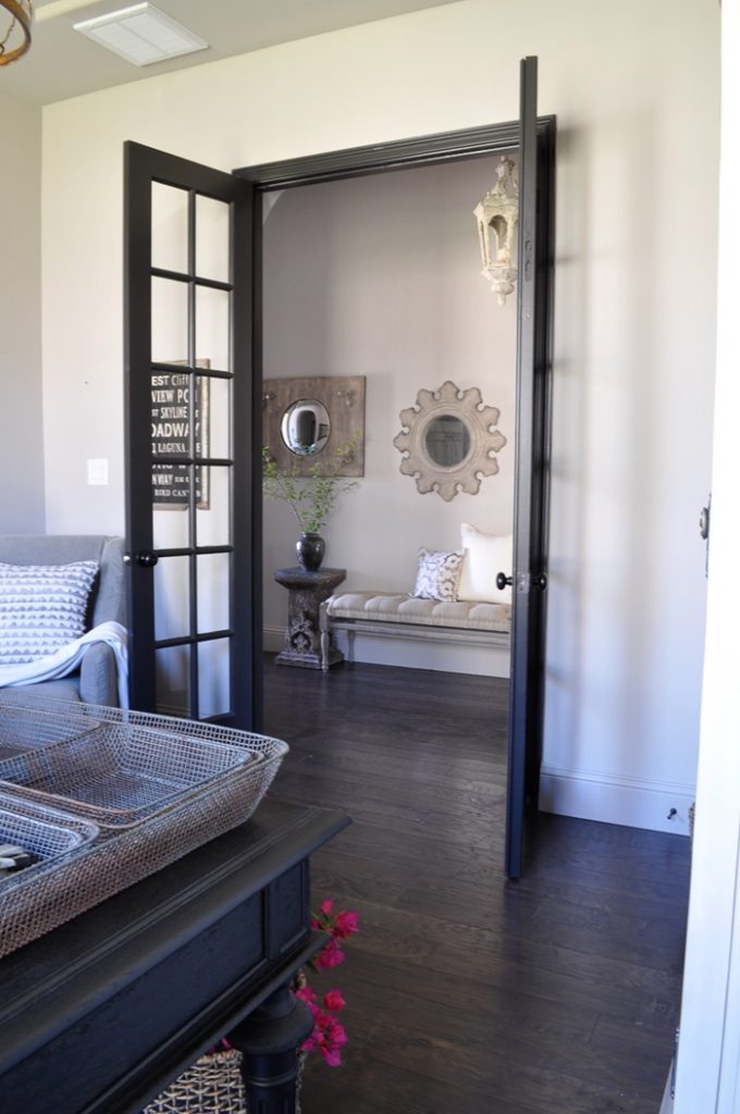 Black French Doors, Beautiful Mirror Collection, Bench and Light