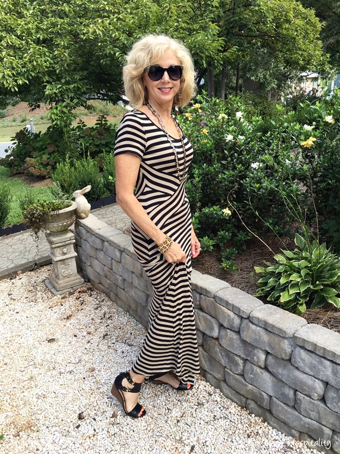 Fashion over 50: Striped Maxi and Black Wedge Shoes - Southern Hospitality