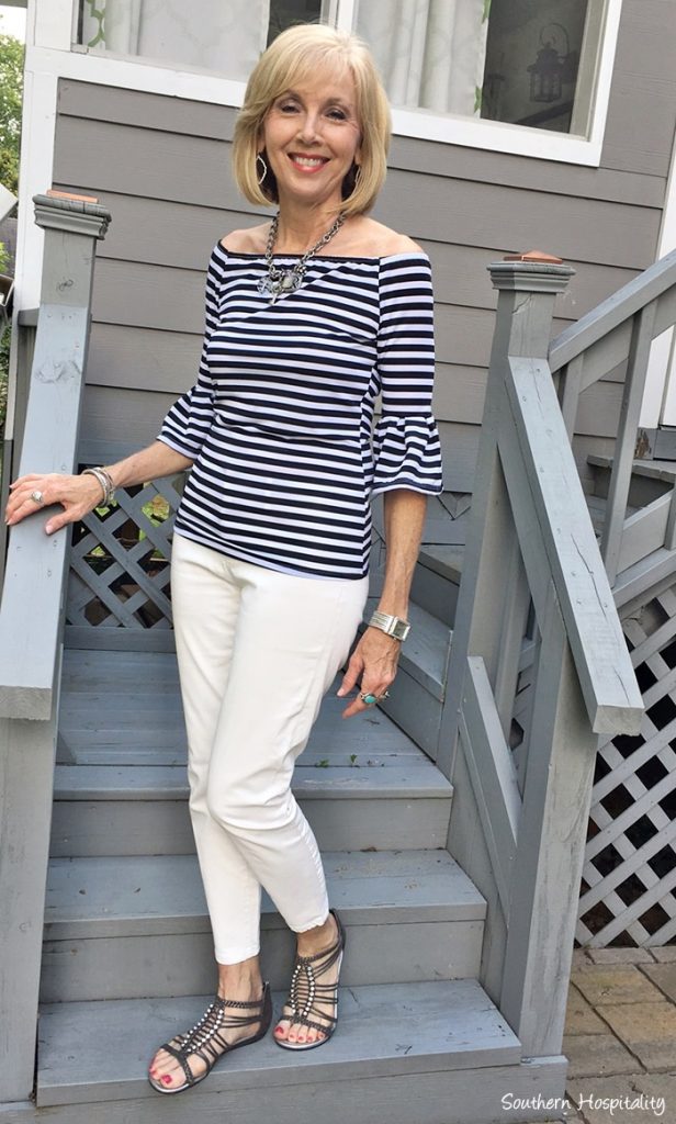 Fashion over 50: Striped Off the Shoulder Top - Southern Hospitality