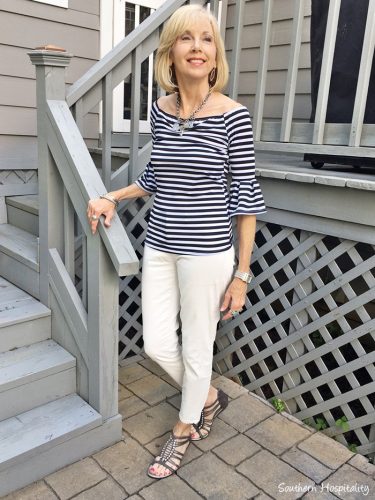 Fashion over 50: Striped Off the Shoulder Top - Southern Hospitality