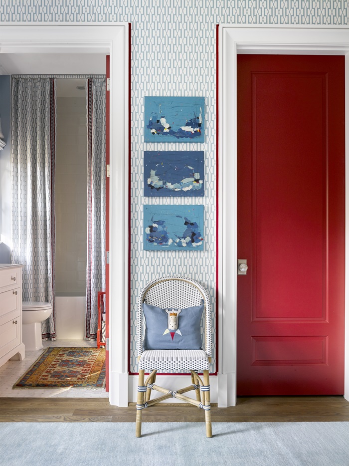 Beautiful red door in child's room of Atlanta holiday showhouse 2017