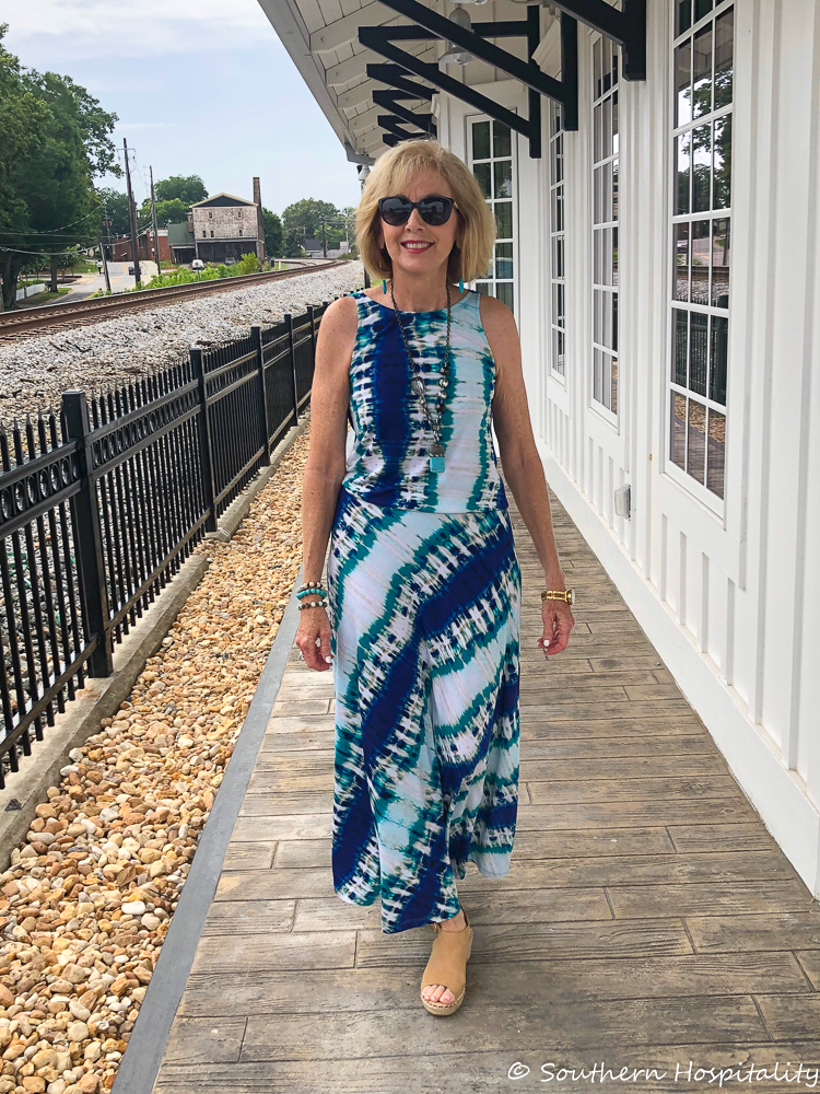 Fashion over 50: Summer Maxi Dress in Blues - Southern Hospitality