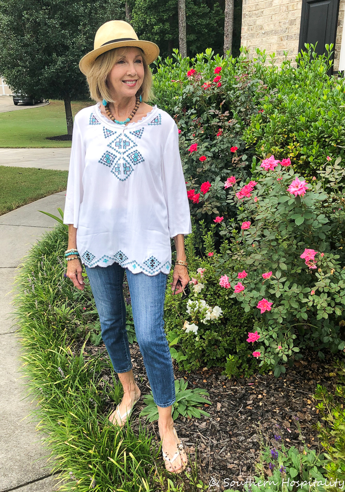 Fashion over 50 Boho Top and Cropped Jeans Southern Hospitality