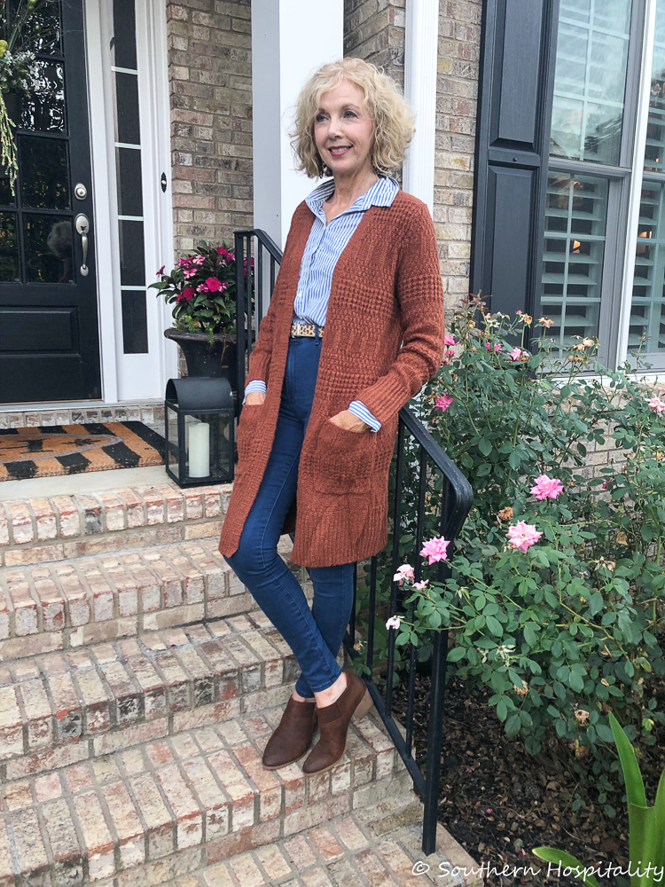 Fashion over 50 Rust Cardigan for Fall Southern Hospitality