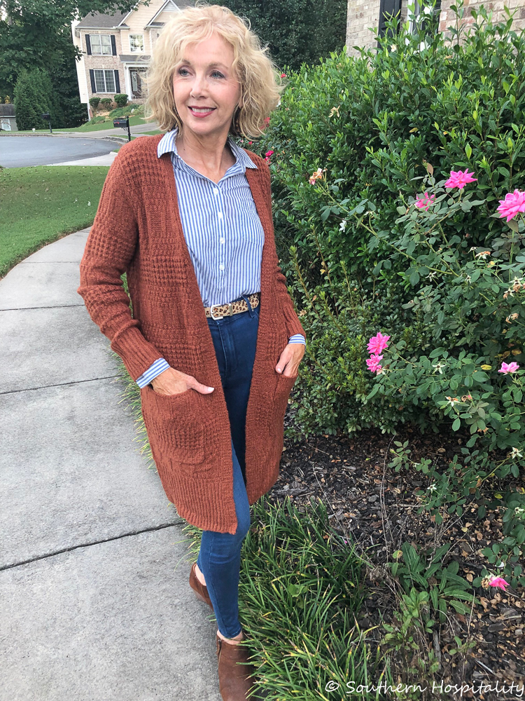 Fashion over 50 Rust Cardigan for Fall Southern Hospitality