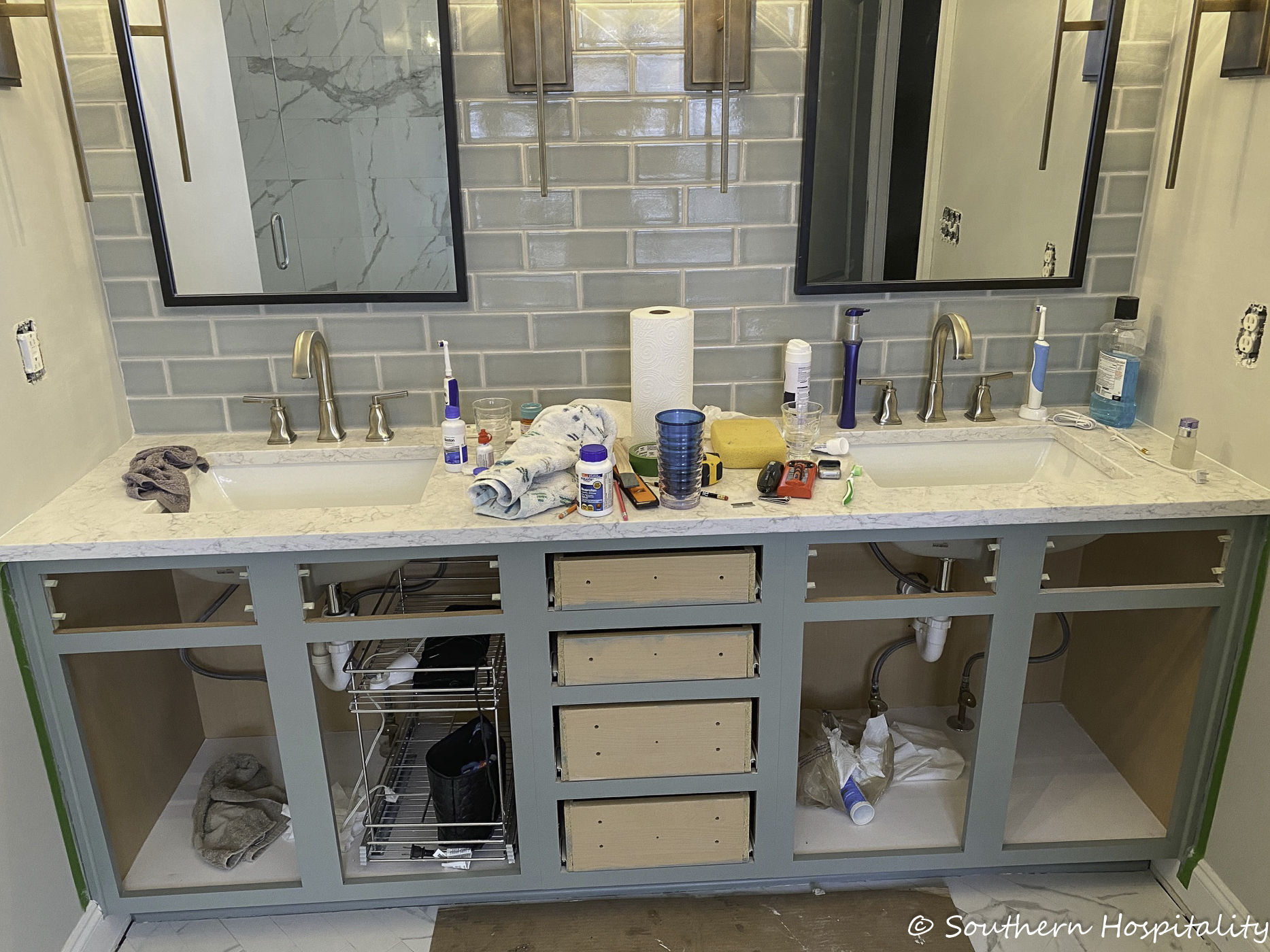 How to Update an Old Vanity with New Drawers Doors and Paint - Southern  Hospitality